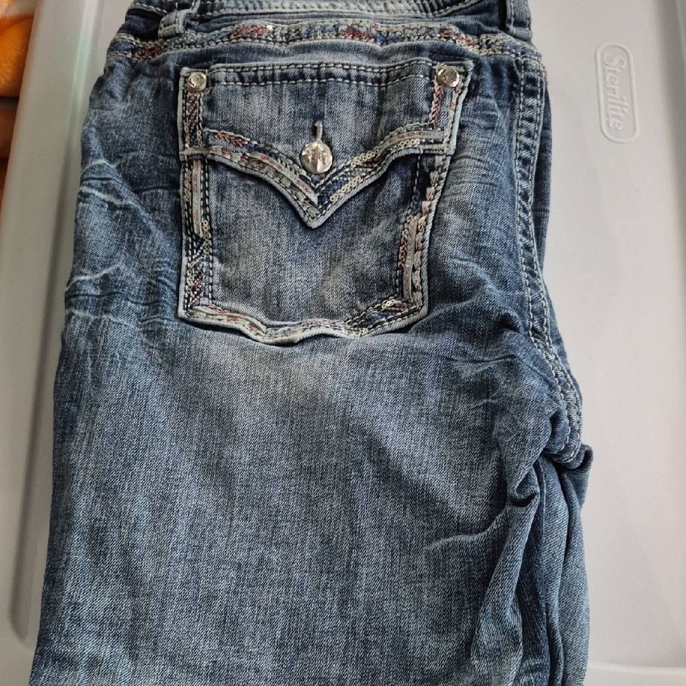 Miss Me Blue Ankle Cropped Jeans with Decorative Stitching